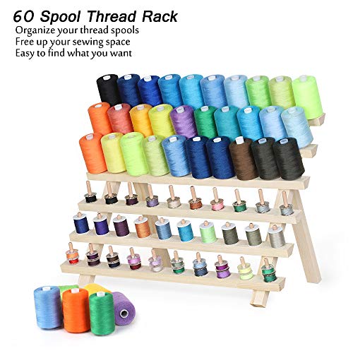 MOOACE 60 Spool Sewing Thread Rack with Hanging Hook, Wall Mounted Wooden Thread Holder Organizer for Embroidery, Hair Braiding, Sewing