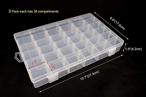 suituts 3 Pack 36 Grids Plastic Organizer Box with Adjustable Dividers, Clear Plastic Storage Organizer Box for Jewelry Beads, Letter Board, Rock Collection, Fishing Tackle (10.7X6.7X1.6 Inch)