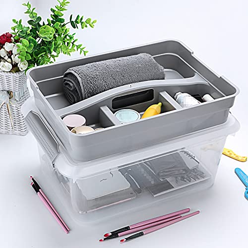 BTSKY Stack & Carry Box, Clear Plastic Storage Container Stackable Home Utility Box with Removable Tray Multi-Purpose Storage Bin for Organizing Stationery, Sewing, Art Craft Supplies(Grey)