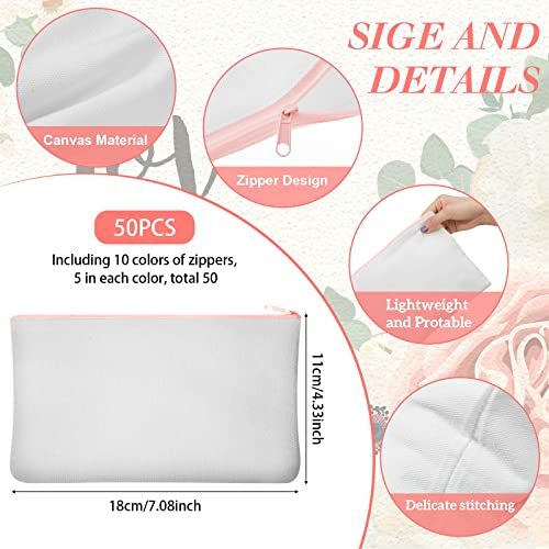 50 Pieces Sublimation Blank Canvas Makeup Bags Bulk Blank DIY Heat Transfer Cosmetic Makeup Bags Canvas Pen Case Pencil Bags Clear Sublimation Blank Pouch with Zipper (Mixed Colors, 7 x 4.3 Inch)