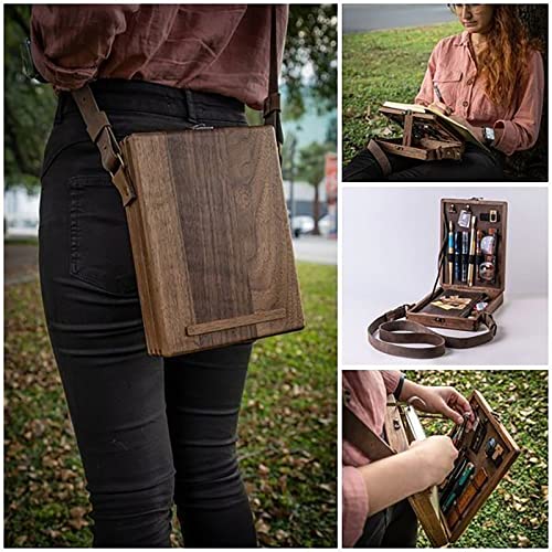 EUKK Writers Messenger, Multi-Function Artist Tool and Brush Storage Retro Wooden Handmade Portable Crossbody Postman Bag, Carry-on Box with Lid for Anyone That Loves Writing