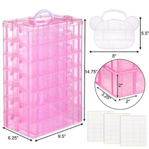 Quefe 7-Tier Pink Stackable Storage Container, 70 Adjustable Compartments Craft Organizers and Storage Box with Handle for Kids Toys, Art Crafts, Jewelry, Supplies, Fuse Beads, Washi Tapes