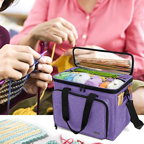 Teamoy Knitting Bag, Yarn Tote Organizer with Inner Divider (Sewn to Bottom) for Crochet Hooks, Knitting Needles(Up to 14”), Project and Supplies, Purple -No Accessories Included