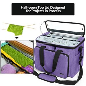 Teamoy Knitting Bag, Yarn Tote Organizer with Inner Divider (Sewn to Bottom) for Crochet Hooks, Knitting Needles(Up to 14”), Project and Supplies, Purple -No Accessories Included