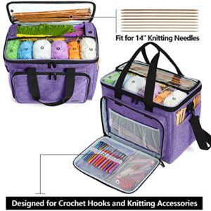 Teamoy Knitting Bag, Yarn Tote Organizer with Inner Divider (Sewn to Bottom) for Crochet Hooks, Knitting Needles(Up to 14”), Project and Supplies, Purple -No Accessories Included