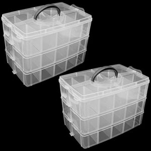 2 pack 3-tier stackable storage container box, crafts storage box with 30 adjustable compartments, plastic organizer box for arts and crafts, fuse beads, washi tapes, jewelry (9.4″x6.5″x7.2″)