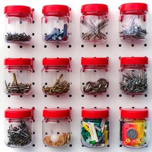 pegboard accessories organizer storage jars – crush & impact resistant plastic pegboard jars – one-handed locking system – peg board attachments for craft, sewing & garage storage – set of 12 (red)