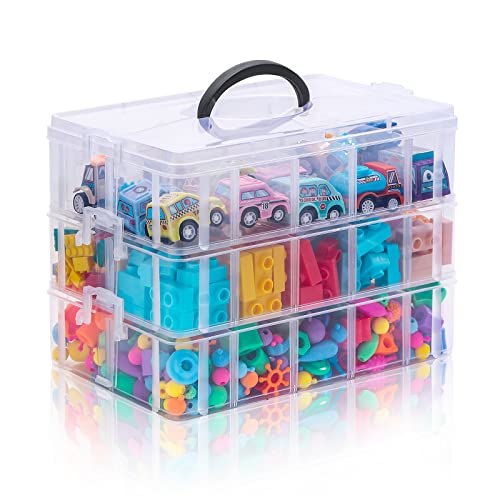 Arranpace 3 Layers Craft Stackable Storage Box, Art Container 30 Compartments Plastic Organizer Bin for Beads, Toy, Hair Accessories, Sewing, Washi Tapes, Nail Polish