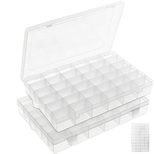 Umirokin 2 Packs 36 Compartment Bead Organizer Box with Removable Dividers,Craft Organizers and Storage,Plastic Organizer Box for Tackle Rock Collection Screw Washi Tape Sewing Thread Nail