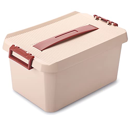 BTSKY Plastic Storage Box& Carry Box, Plastic Storage Container Multipurpose Portable Tool Box Sewing Box with Removable Divider Tray Locking Lid &Handle (Pink, L)