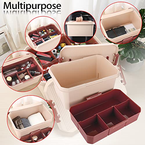 BTSKY Plastic Storage Box& Carry Box, Plastic Storage Container Multipurpose Portable Tool Box Sewing Box with Removable Divider Tray Locking Lid &Handle (Pink, L)