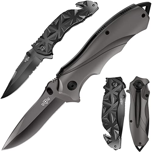 Bundle of 2 Items- Black Pocket Knife - Serrated Sharp 3,5" Blade Folding Knives - Knife with Glass Breaker and Pocket Clip - Camping Hunting Hiking Fishing EDC Survival Boy Scout Knife Gifts for Men