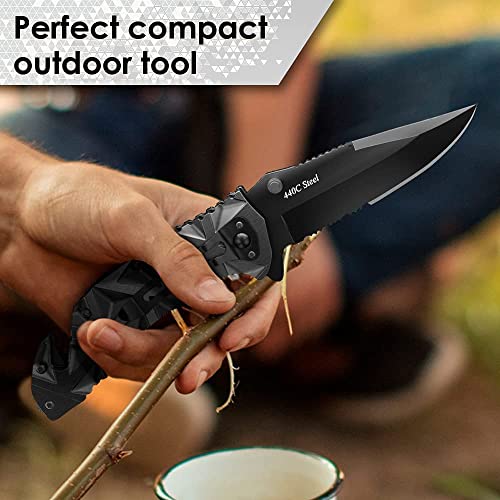 Bundle of 2 Items- Black Pocket Knife - Serrated Sharp 3,5" Blade Folding Knives - Knife with Glass Breaker and Pocket Clip - Camping Hunting Hiking Fishing EDC Survival Boy Scout Knife Gifts for Men