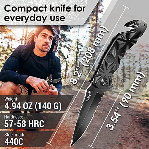 Bundle of 2 Items- Black Pocket Knife - Serrated Sharp 3,5" Blade Folding Knives - Knife with Glass Breaker and Pocket Clip - Camping Hunting Hiking Fishing EDC Survival Boy Scout Knife Gifts for Men