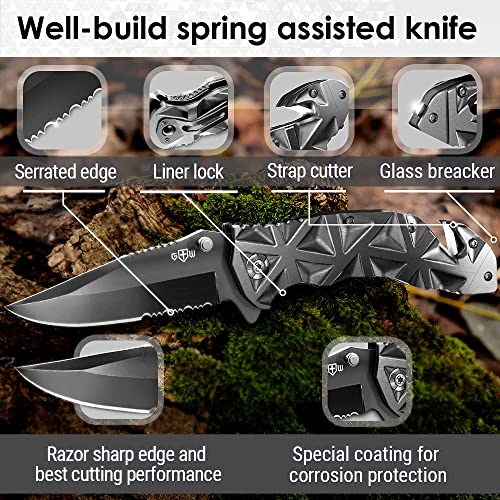 Bundle of 2 Items- Black Pocket Knife - Serrated Sharp 3,5" Blade Folding Knives - Knife with Glass Breaker and Pocket Clip - Camping Hunting Hiking Fishing EDC Survival Boy Scout Knife Gifts for Men