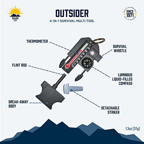 Sun Company Outsider - 4-in-1 Survival Multi-Tool | Compass, Thermometer, Whistle, and Fire Starter in a Compact Zipper Pull | EDC Outdoor Firestarter for Camping, Bushcraft, or Survival Situations