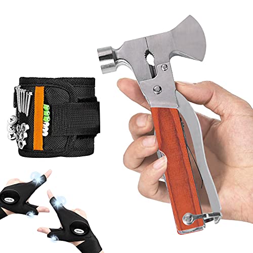 Hammer Multitool, Multipurpose 14 in 1 Camping Tool Survival Gear Hammer Tool Set Accessories with a Magnetic Wristband and a Pair of LED Flashlight Gloves for Household, Camping Equipment, Work