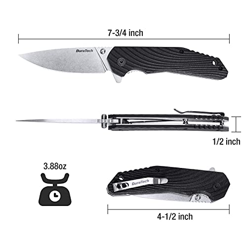 DURATECH Folding Pocket Knife, 3-1/4" Satin 8CR13MOV Blade, Black Wavy Grain G10 Handle with Liner Lock Knife For EDC