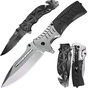 Bundle of 2 Items - Black Pocket Knife - Serrated Sharp 3,5" Blade Folding Knives - Best Camping Hunting Fishing Hiking Survival Knofe - Travel Accessories Gear Boy Scout Knife Gifts for Men