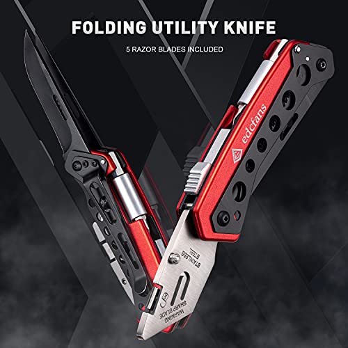 edcfans Folding Utility Knife Box Cutter with 5 Razor Blades, Screwdriver, Saw, Fruit Knife, Lock Design, Pocket Clip and Holder for Belt, EDC Heavy Duty Work Knifes, Gift for Men Dad Him