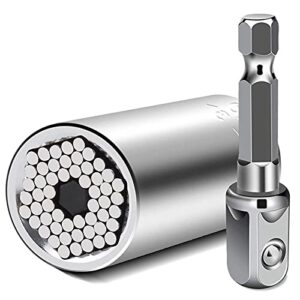 yaognahs universal socket, 1/4″-3/4″ (7mm to 19mm) ratchet universal socket set with wrench power drill adapter – best tool present for handyman men husband father boyfriend him (silver)