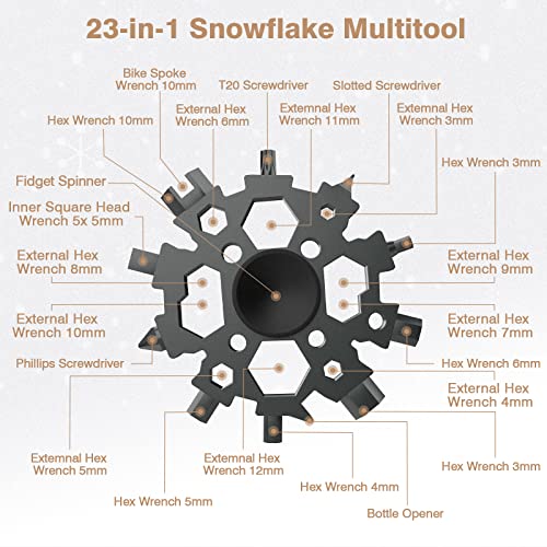 23-in-1 Snowflake Multitool, Roylvan Stainless Steel Snowflake Multi Tool Gadgets Flat Cross Screwdriver Kit Portable Outdoor Camping Bottle Opener Wrench with 2pcs Carabiners, Black