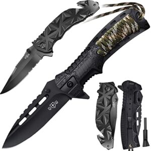 bundle of 2 items- black pocket knife – serrated sharp 3,5″ blade folding knives -best edc survival hiking hunting camping knife – knife with firestarter and whistle grand way