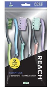 reach essentials toothbrush with toothbrush caps, multi-zoned angled soft bristles, contoured handle, tongue scraper, 6 count (pack of 1)