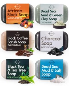 o naturals 6 pcs black soap – women & men’s bar soap, men’s soap bar, african black soap w/moisturizing shea butter, charcoal soap helps acne prone skin, organic & natural soap for men & women, 4oz