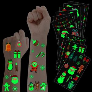 junebrushs 20 sheets christmas temporary tattoos for kids, stocking stuffers christmas party favors glow in dark tattoo stickers luminous tattoos face make up gift filler decoration for boys girls