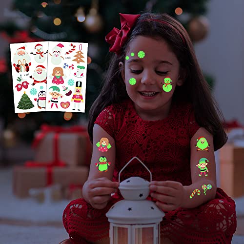 Christmas Decoration Luminous Temporary Tattoos for Kids Stocking Stuffers Santa Claus Snowman Gingerbread Man Waterproof Tattoos Stickers for Christmas Holiday Party Birthday Decorations