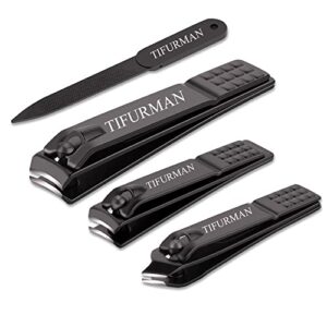 nail clippers set, tifurman stocking stuffers, fingernail & thick toenail & ingrown nail clippers & nail file, perfect 4 pcs nail clippers cutter for men and women(black)