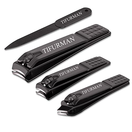 Nail Clippers Set, TIFURMAN Stocking Stuffers, Fingernail & Thick Toenail & Ingrown Nail Clippers & Nail File, Perfect 4 pcs Nail Clippers Cutter for Men and Women(Black)