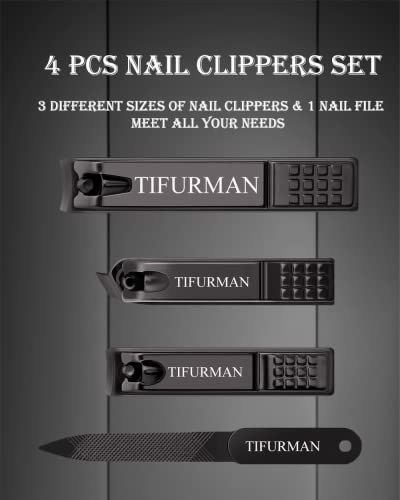 Nail Clippers Set, TIFURMAN Stocking Stuffers, Fingernail & Thick Toenail & Ingrown Nail Clippers & Nail File, Perfect 4 pcs Nail Clippers Cutter for Men and Women(Black)