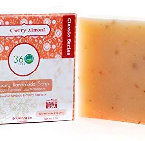 360Feel Cherry Almond Soap -5oz Castile Handmade Soap bar - Almonds Cherries, oatmeal as exfoliant - Pure Essential Oil Natural Soaps- Great as Anniversary Wedding Gifts Christmas stocking stuffer