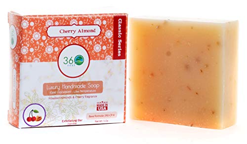 360Feel Cherry Almond Soap -5oz Castile Handmade Soap bar - Almonds Cherries, oatmeal as exfoliant - Pure Essential Oil Natural Soaps- Great as Anniversary Wedding Gifts Christmas stocking stuffer