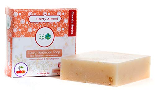 360Feel Cherry Almond Soap -5oz Castile Handmade Soap bar - Almonds Cherries, oatmeal as exfoliant - Pure Essential Oil Natural Soaps- Great as Anniversary Wedding Gifts Christmas stocking stuffer