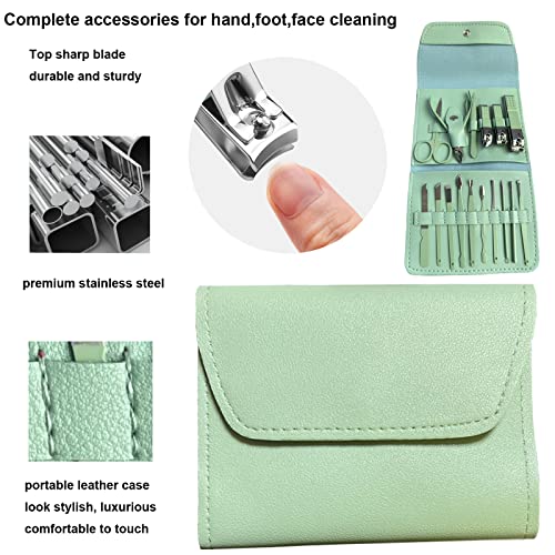 MAKEVAYEE Manicure Set, 16 in 1 Manicure Professional Nail Clippers Kit, Stainless Steel Manicure Tools With Nail File Cuticle Trimmer Grooming Kits, Manicure Set for Women Man Grils Gift (Green)