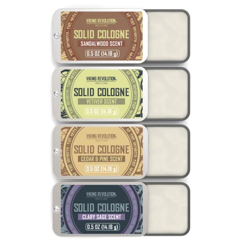 Viking Revolution 4 Pack Mens Solid Colognes Men 0.5 Oz - Basin Solid Perfume with Cedar Wood, Clary Sage, Vetiver, Sandalwood Cologne for Men - Balm Cologne for Mens Cologne Balm Travel Cologne Wax