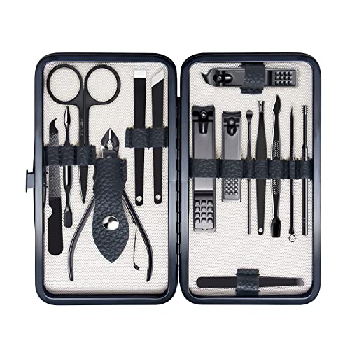 FIXBODY Manicure Pedicure Set - Nail Clippers Toenail Clippers Kit Includes Cuticle Remover with Black Leather Travel Case, Gift for Men and Women, Set of 15