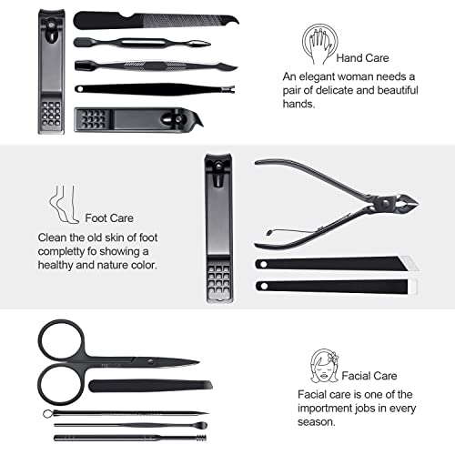 FIXBODY Manicure Pedicure Set - Nail Clippers Toenail Clippers Kit Includes Cuticle Remover with Black Leather Travel Case, Gift for Men and Women, Set of 15