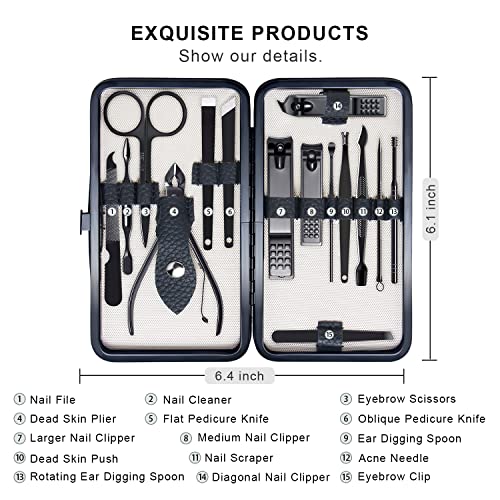 FIXBODY Manicure Pedicure Set - Nail Clippers Toenail Clippers Kit Includes Cuticle Remover with Black Leather Travel Case, Gift for Men and Women, Set of 15