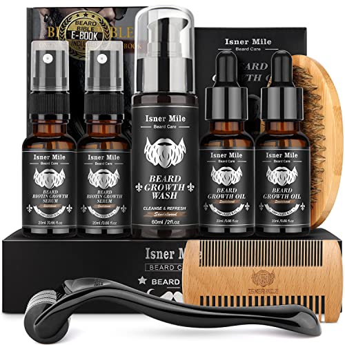 Beard Growth Kit, Beard Kit with Beard Roller, 2 Pack Beard Growth Oil & Growth Serum Spray, Beard Growth Wash, Beard Brush,Beard Comb, Stocking Stuffers Fathers Gifts for Men Dad Boyfriend