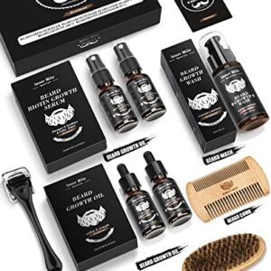 Beard Growth Kit, Beard Kit with Beard Roller, 2 Pack Beard Growth Oil & Growth Serum Spray, Beard Growth Wash, Beard Brush,Beard Comb, Stocking Stuffers Fathers Gifts for Men Dad Boyfriend