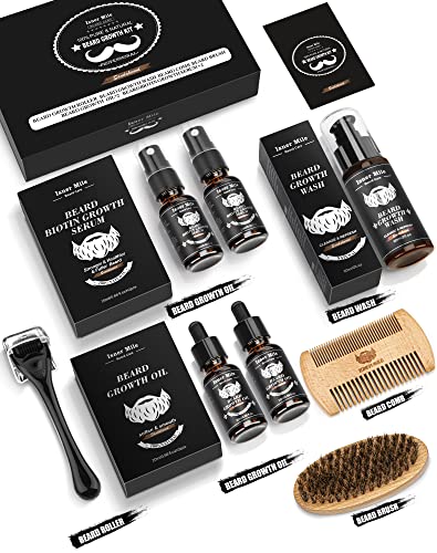 Beard Growth Kit, Beard Kit with Beard Roller, 2 Pack Beard Growth Oil & Growth Serum Spray, Beard Growth Wash, Beard Brush,Beard Comb, Stocking Stuffers Fathers Gifts for Men Dad Boyfriend