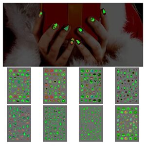 cerlaza 450+pcs luminous christmas nail stickers for kids girls christmas stocking stuffers, self-adhesive glow christmas nail decals, holiday nail stickers with santa claus, christmas trees, gingerbread men-8 sheets