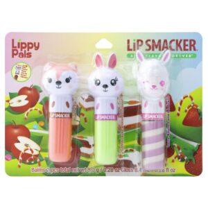 lip smacker lippy pals flavored lip balm set of 3, unicorn, panda, kitten, foxy apple, hoppy carrot cake, strawberry llama flavored, lip balm for kids