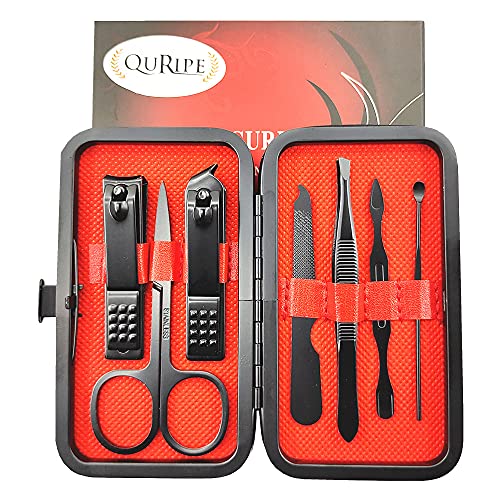 QURIPE 7pcs Manicure set, Nail Clippers Kit, Stainless Steel Manicure Kit, Nail Clipping Tools Portable Travel Grooming Kit, The Best Gift with Luxurious Case (Black-7)