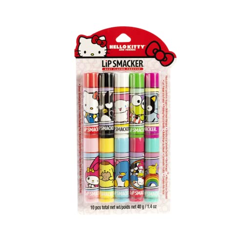 Lip Smacker Sanrio Hello Kitty and Friends 10 Piece Flavored Lip Balm Party Pack, Clear Matte, For Kids, Men, Women, Dry Lips, My Melody, Little Twin Stars, and Chococat