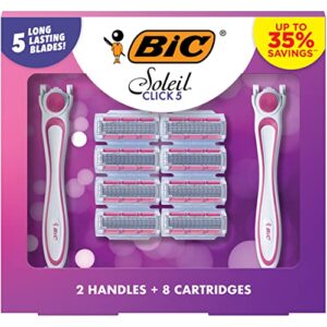 bic click 5 soleil women’s disposable razors, 5 blades with a moisture strip for a smoother shave, 2 handles and 8 cartridges, 10 piece razor set